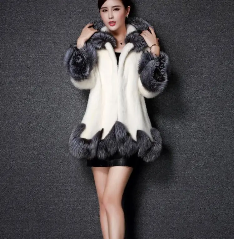 

White Black Faux Mink Fur Coat&Parka Coat Jacket WIth Hood For Womens, Picture