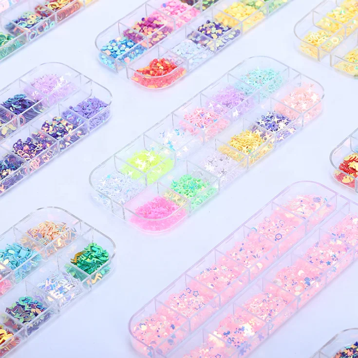 

Amzon Hot Sale 12 Squares /Box Sequins Nail Set Colorful Butterfly Shell Fruits Mixed Shape Decorations Nail Art Decoration Set