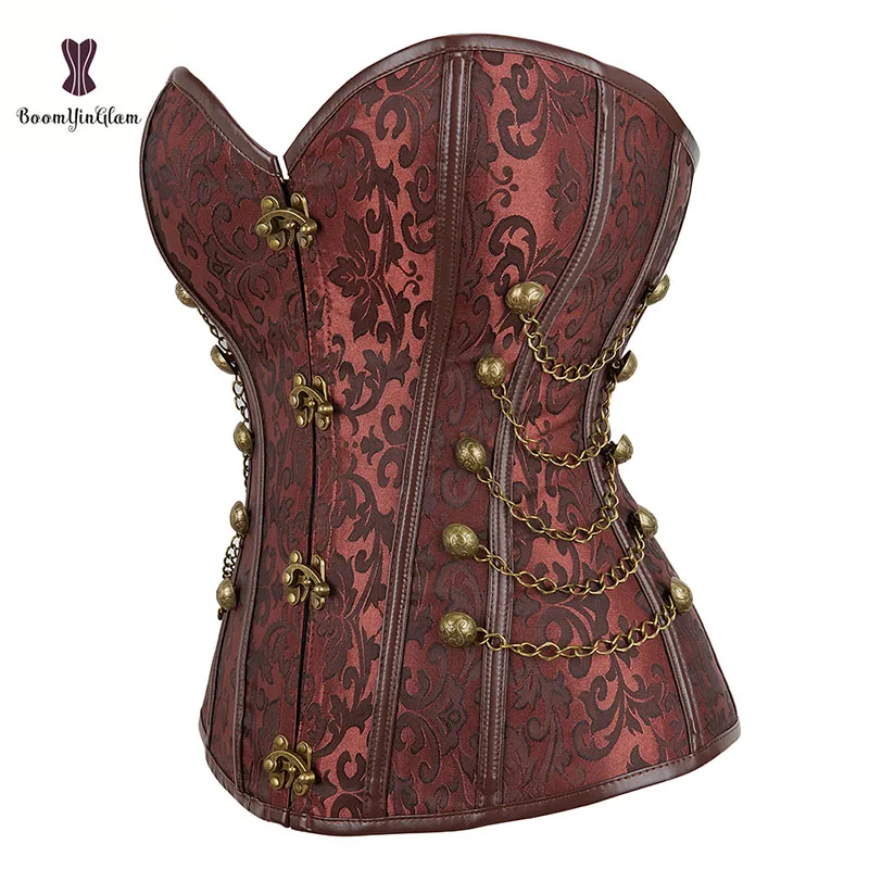 Front Closure Chain Brocade Corselet Brown Retro Punk Corset With Rope Plus Size S to XXXXXXL Waist Training Bustier