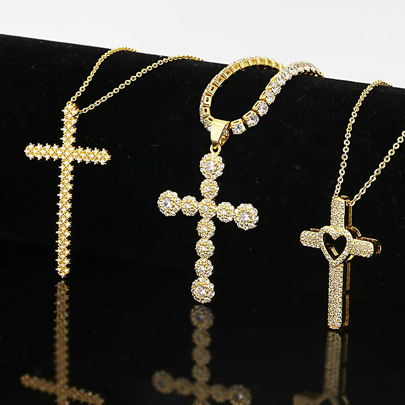 

Flynee Jewelry Fashion Design Diamond Tennis Heart Cross Pendant Necklace Cz 18K Gold Cross Necklace, White gold