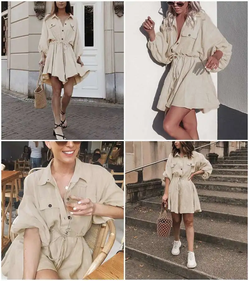 

women casual elegant lantern sleeve turndown collar linen shirt dress female Korean workwear shirt skirt