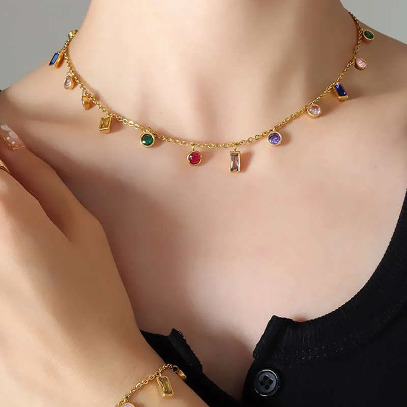 

18K Gold Plated Link Chain Colorful Cubic Zircon Pendant Necklace Tarnish Free Stainless Steel Geometric Diamond Necklace YF3140