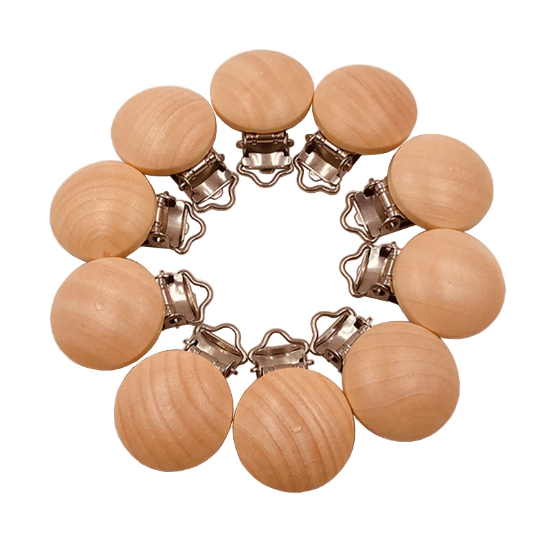 

30mm Nature Organic Wooden Plain Round Baby Teething Pacifier Metal Clip, As picture show