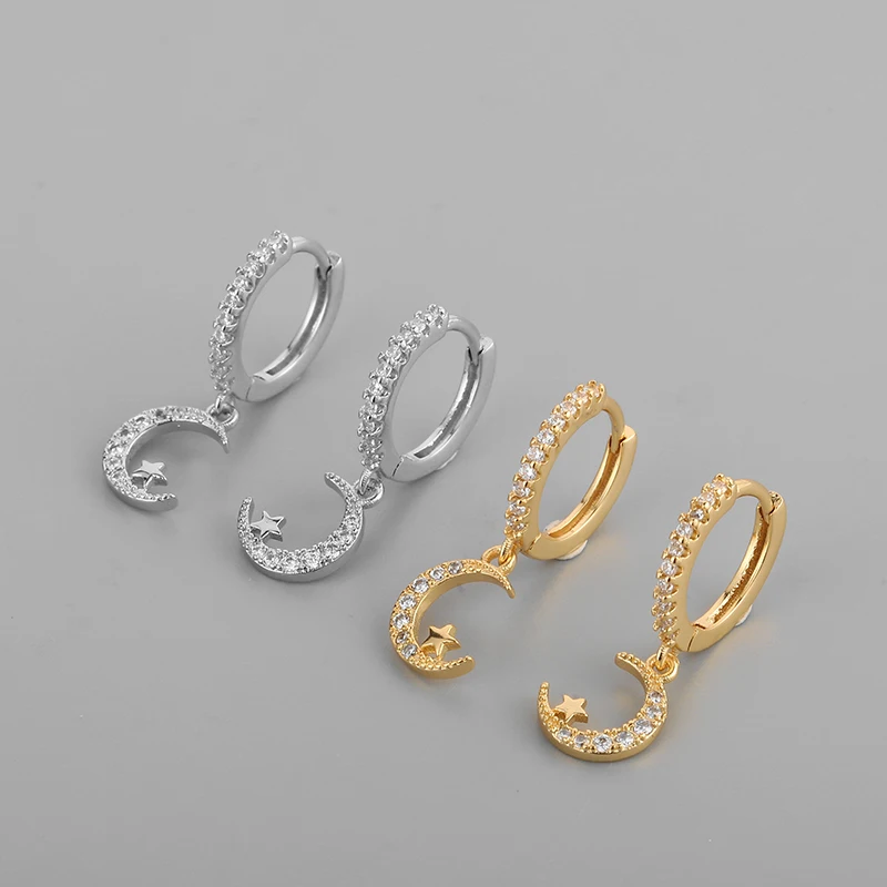 

ENSHIR Wholesale Dainty Jewelry Gold Silver Color Moon and Star Hoop Earrings, As picture