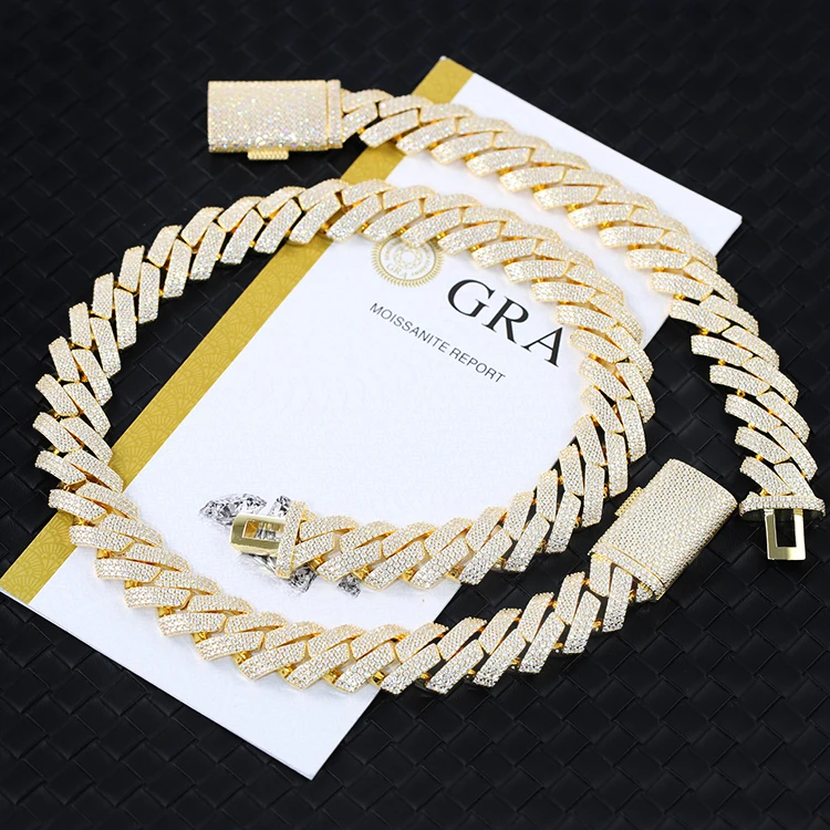 

RTS Cuban Chain S925 Silver Yellow Gold Plated 3rows 20mm Cuban Link Heavy Necklace VVS Moissanite Hip Hop Chain For Rapper