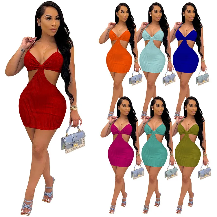 

SZ-8064 Women'S Wrapped Chest Sling Halter Sexy Pit Striped Solid Color Dress, Customized color