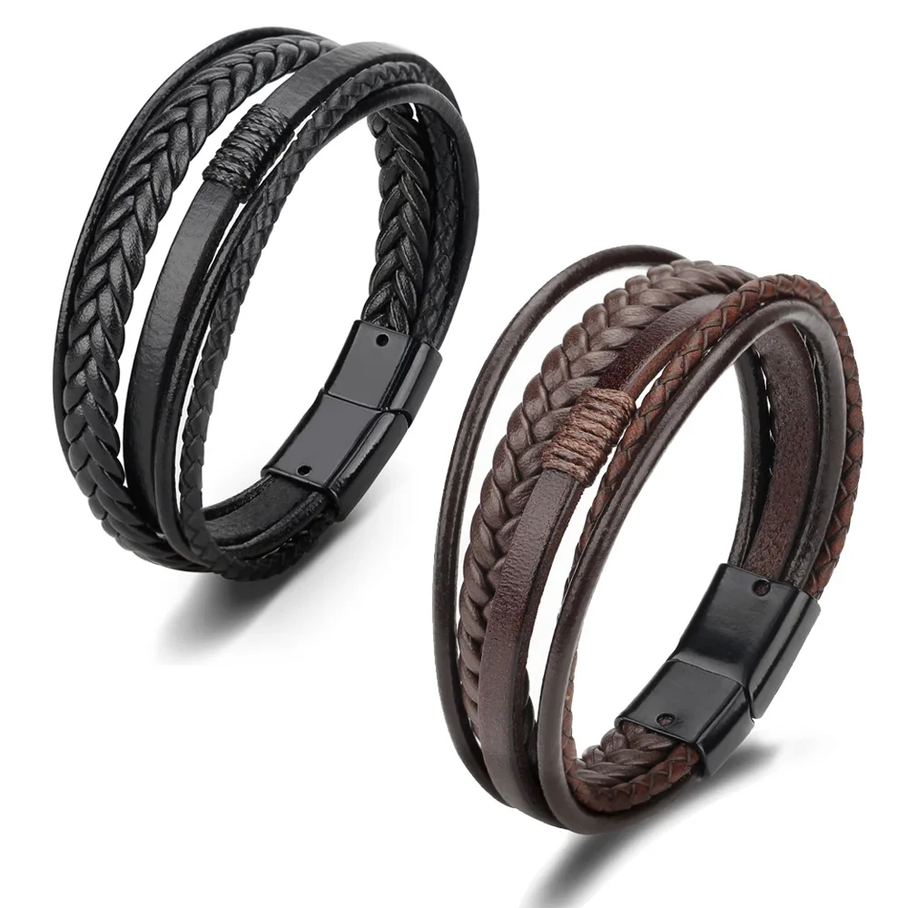 

Fashion Handmade Black Brown Color Armband Magnetic Clasp Cowhide Multi-Layer Braided Cuff Wrap Bangle Mens Leather Bracelet