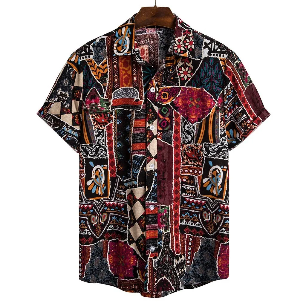 

Summer Men Ethnic Short Sleeve Casual Cotton Linen Printing Hawaiian Blouse Streetwear Camisas Shirts, Custom color