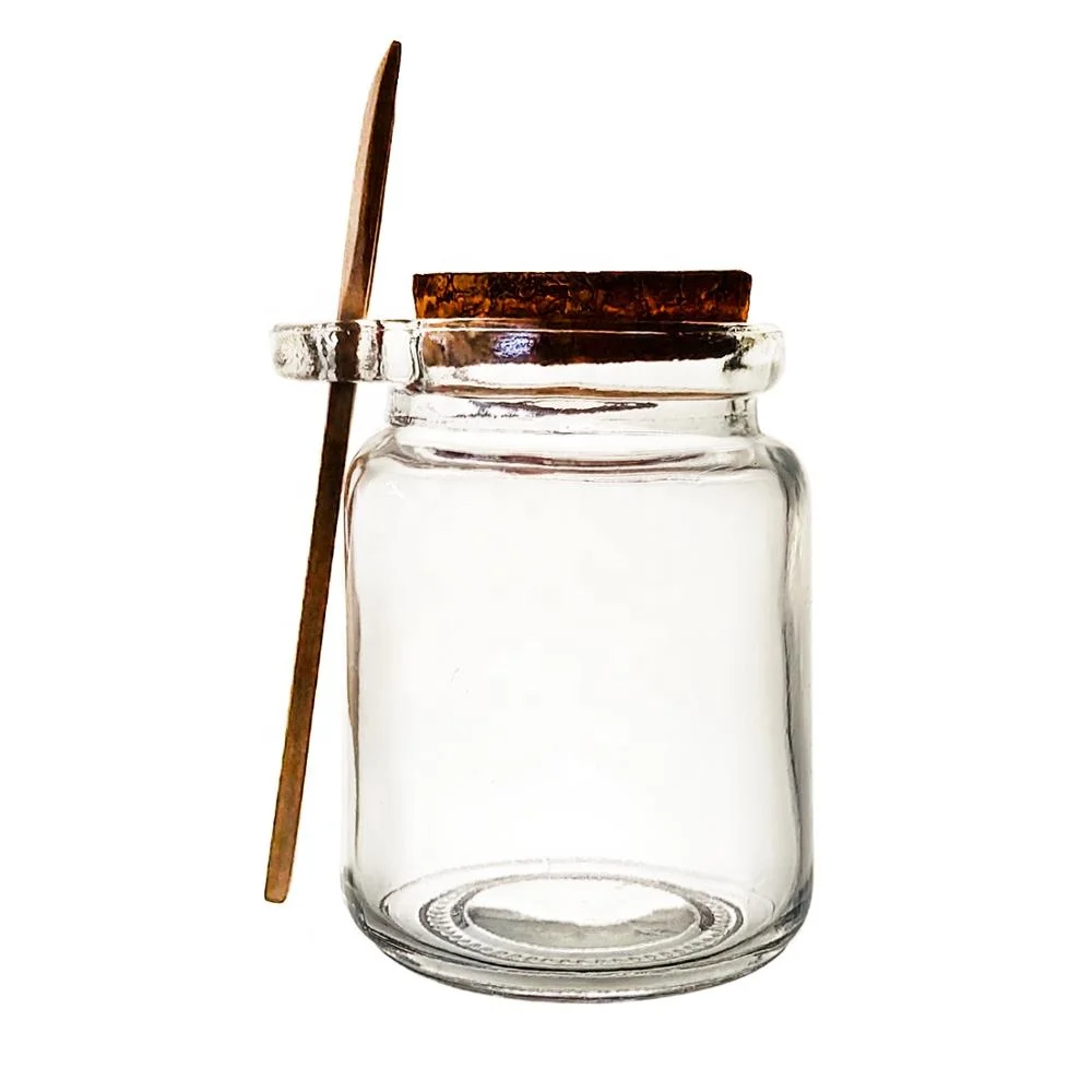 

8.5oz 250ml Clear Round Glass Spice Jars with Wooden Cork Lid and Spoon, Transparent color