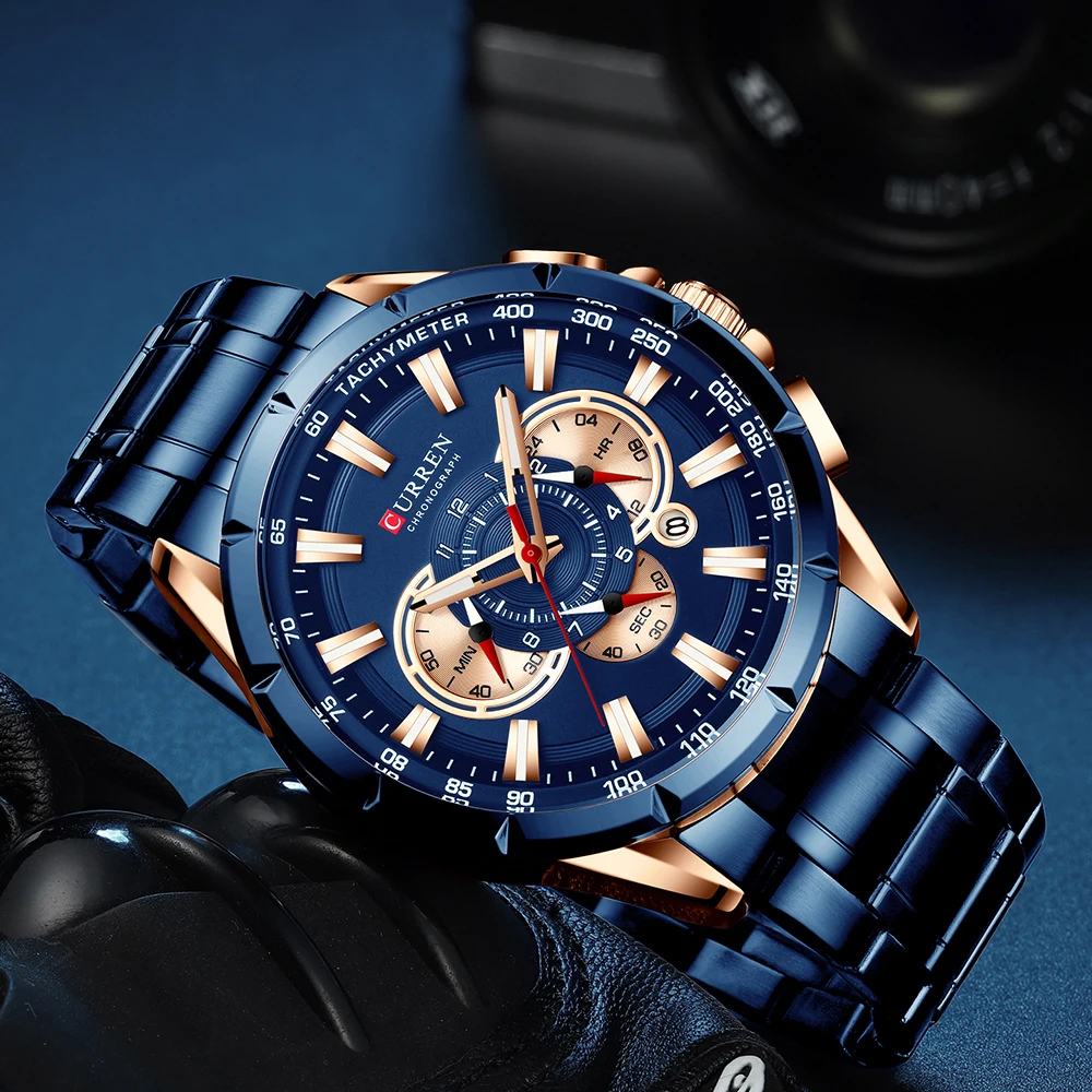 

CURREN Sport Watches Men's Luxury Brand Quartz Clock Stainless Steel Chronograph Big Dial Wristwatch with Date Relogio Masculin