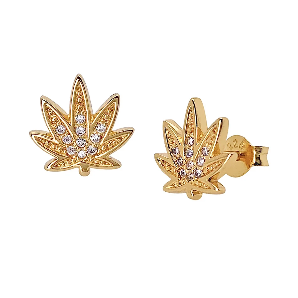 

wholesale gold jewelry 925 Sterling Silver 18K Gold Plated Sparkly Weed Stud Earrings With Cubic Zircon