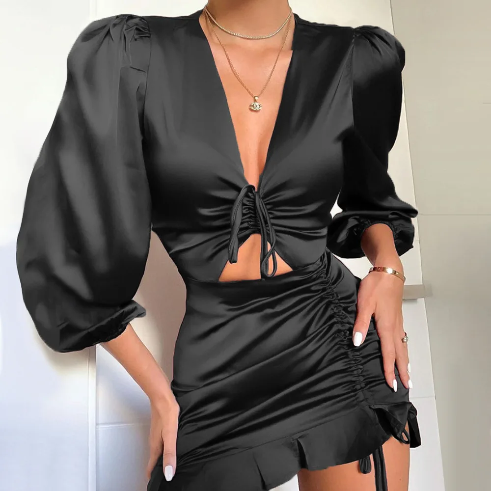 

Satin V Neck Sexy Party Dress Women Puff Sleeve Bodycon Dress Female Ruffles Drawstring Mini Dress