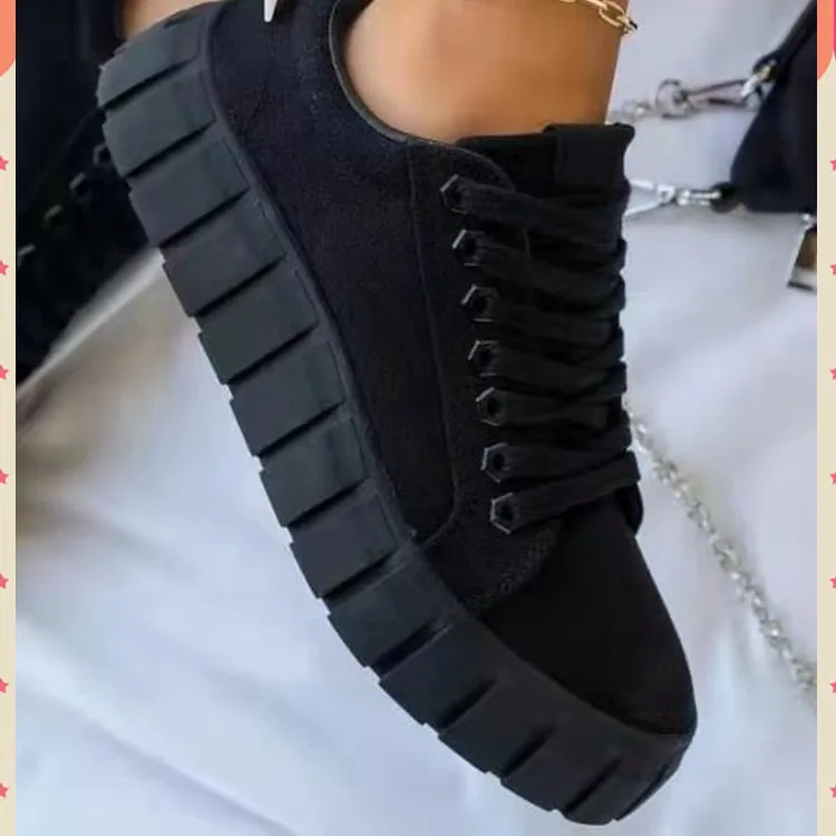 

2021 new round-toe thick-soled front lace-up canvas shoes women's large size cross-border independent station printing single sh, Black