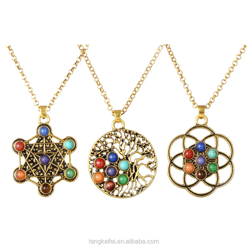 

Wholesale Natural Healing Energy Seven Chakras Crystal Gemstone Tree of Life Pendant Necklace Antique Gold, Colorful