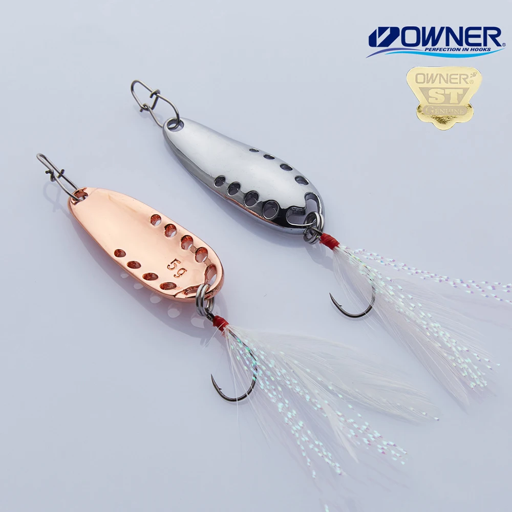 

Newbility high quality hollowed-out metal trout fishing spoon with feather and Japan owner hook, 5 colors