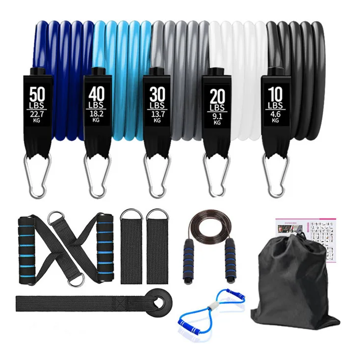 

Colorful elastic resistance band tpe home gym workout training strength adjustable 11pc resistance band set, Black,white,grey,blue,navy blue