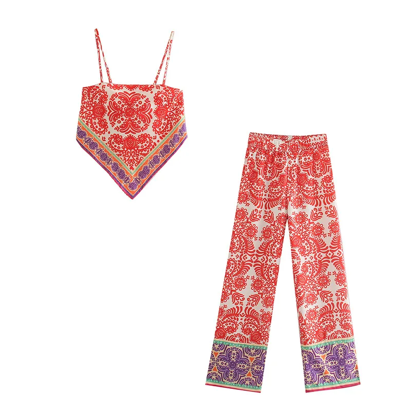 

2022 Summer Floral Print Crop Tops And Wid Leg Pants 2 Piece Sets For Women, 1colors