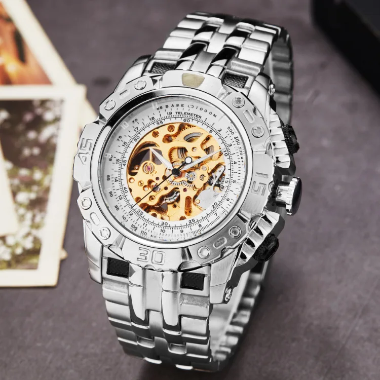 

New arrvial fashion gift waterproof Tourbillon stainless steel band luxury mechanical mens watches, As pic
