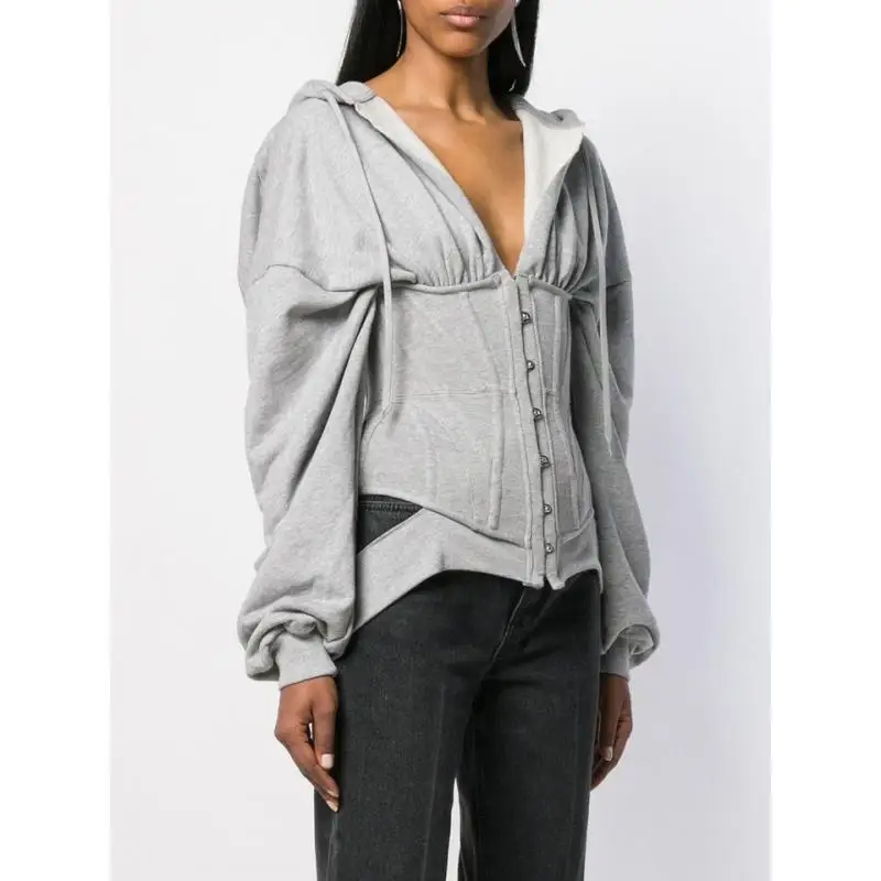 Custom Wholesale crop hoodie women,Zip hoodie women Sweatshirt Slim Tracksuit grey corset fashion sport Workout gym jacket