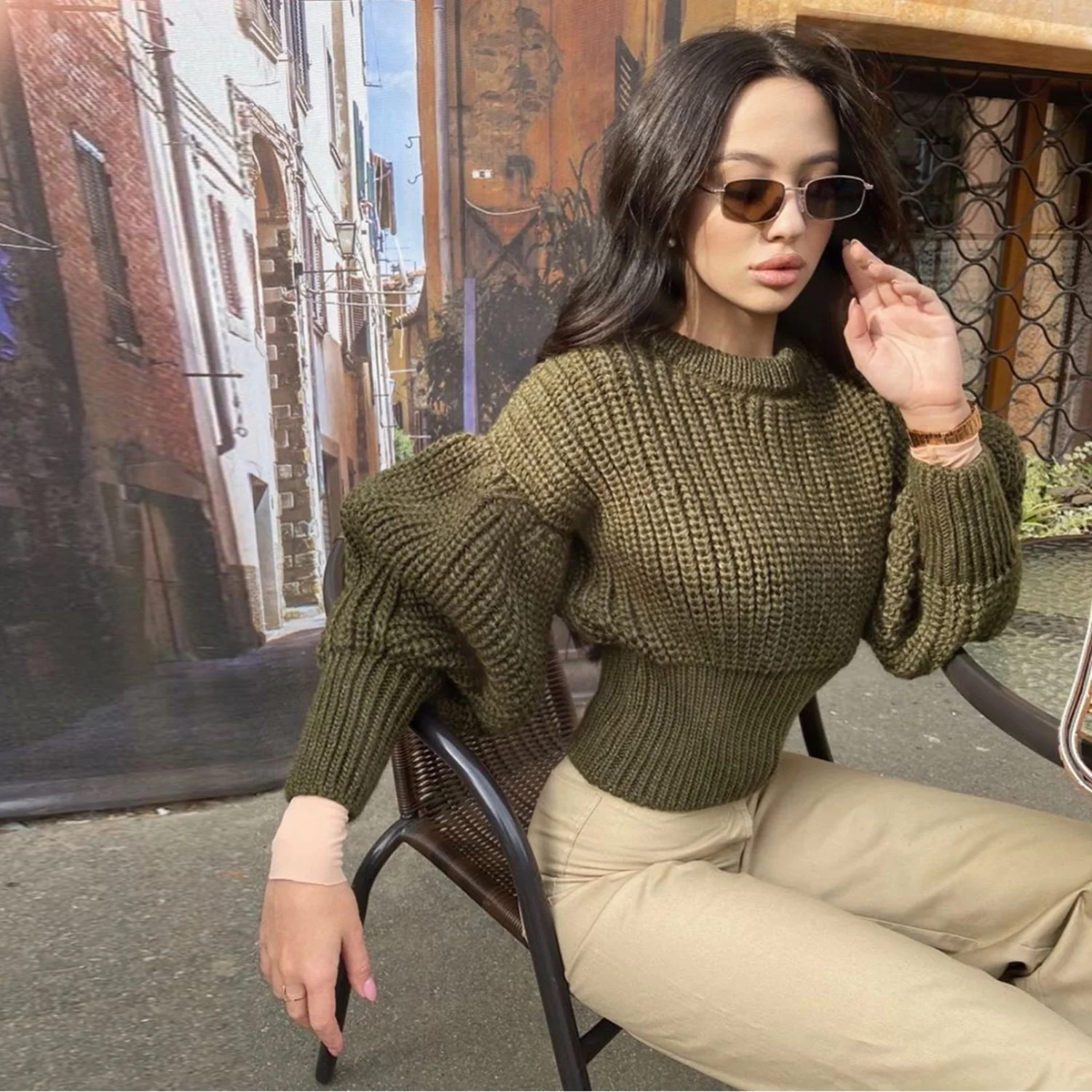 

2021 autumn and winter hot style long-sleeved knitted women's solid color thick needle loose warm sweater