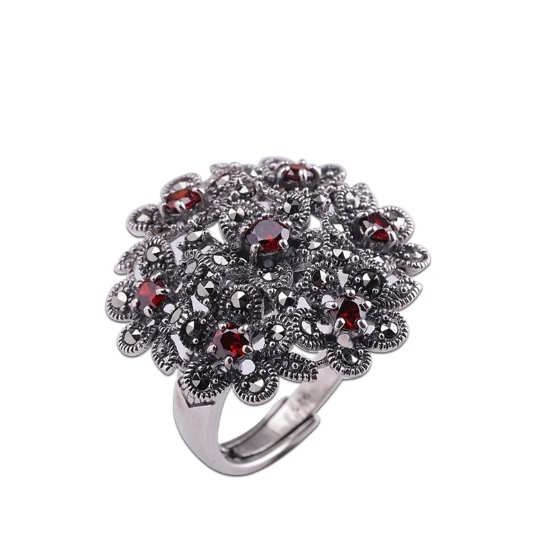

New Arrival Real Pure 925 Silver Jewelry Women's Retro Opening Pomegranate Ring Garnet Fine Gemstone Lady Adjustable Rings