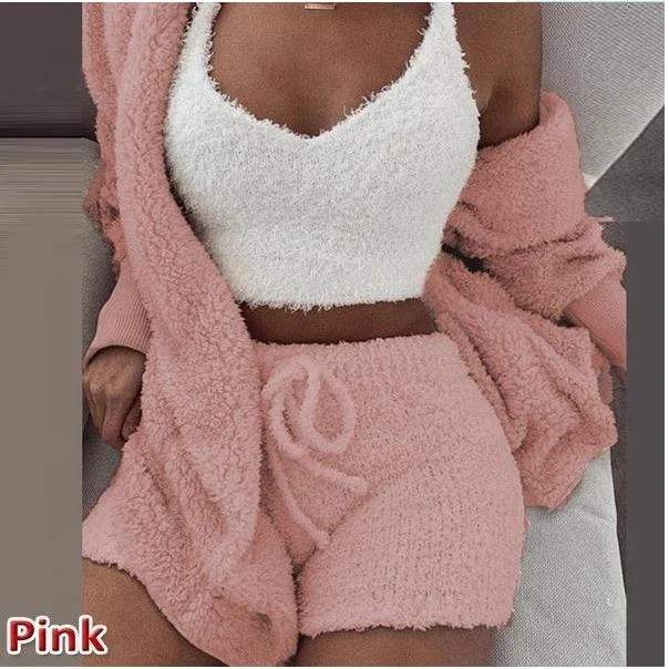 

Ladies winter plush casual sportswear plain 3 pieces set jacket and shorts, Existing or as customer's require