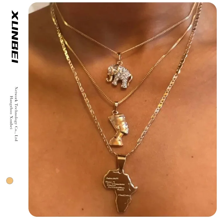 

2021 trendy fashion jewelry pendant elephant pharaoh three layers women's gold african map chains necklace, Could be customized