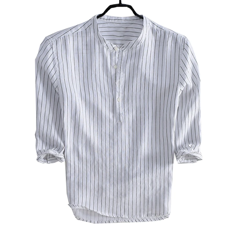 

Customized Stand Collar Half Sleeve Linen Summer Slim Stripe Round Neck Shirts men