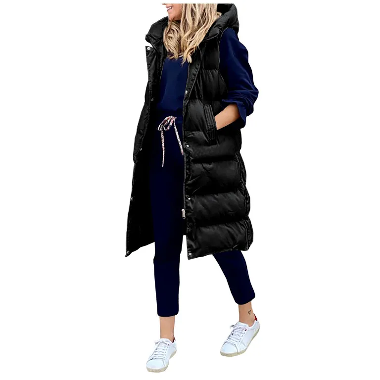 

Autumn Winter Pure Color Long Waistcoat Cotton Single Breasted Sleeveless Jacket Women's Hooded Down Vest