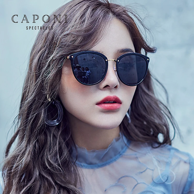 

CAPONI New Fashion Oversize Eye Cat Shapes Alloy Round Fame Shades Classic TAC Black Lens Polarized Womens Sunglasses Trendy