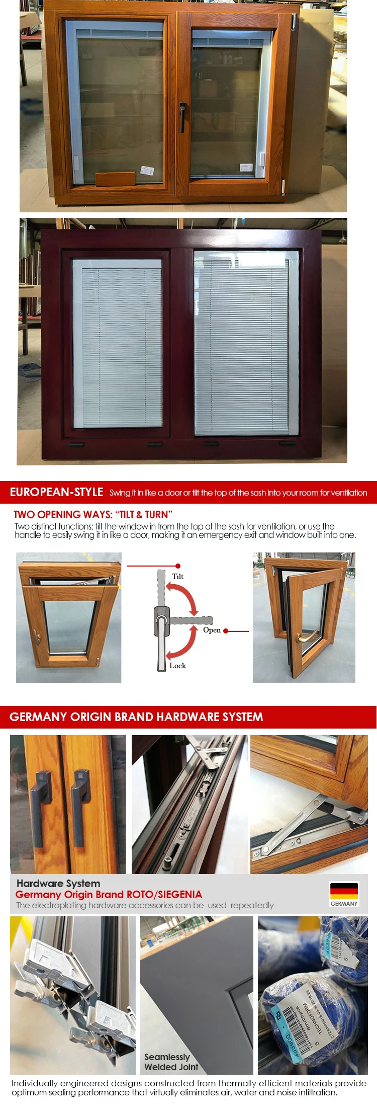Canada tilt turn type thermal break aluminum clad oak wood frame double pane glass casement windows