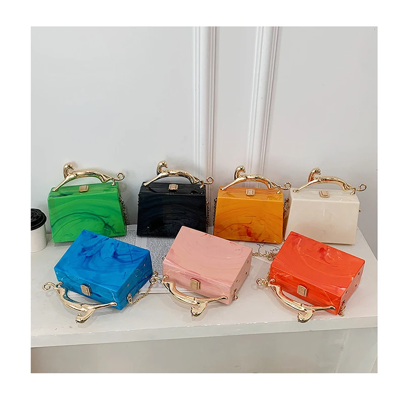 

Candy Color Ink Pattern Box Messenger Bags Fashion Acrylic Handbags and Purses For Women Metal Handle Party Evening Clutch