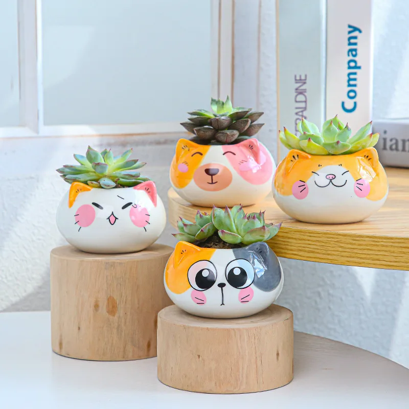 

custom cute cat indoor outdoor garden ceramic flower succulent pot planter for plant home decor with bamboo tray saucer, As picture