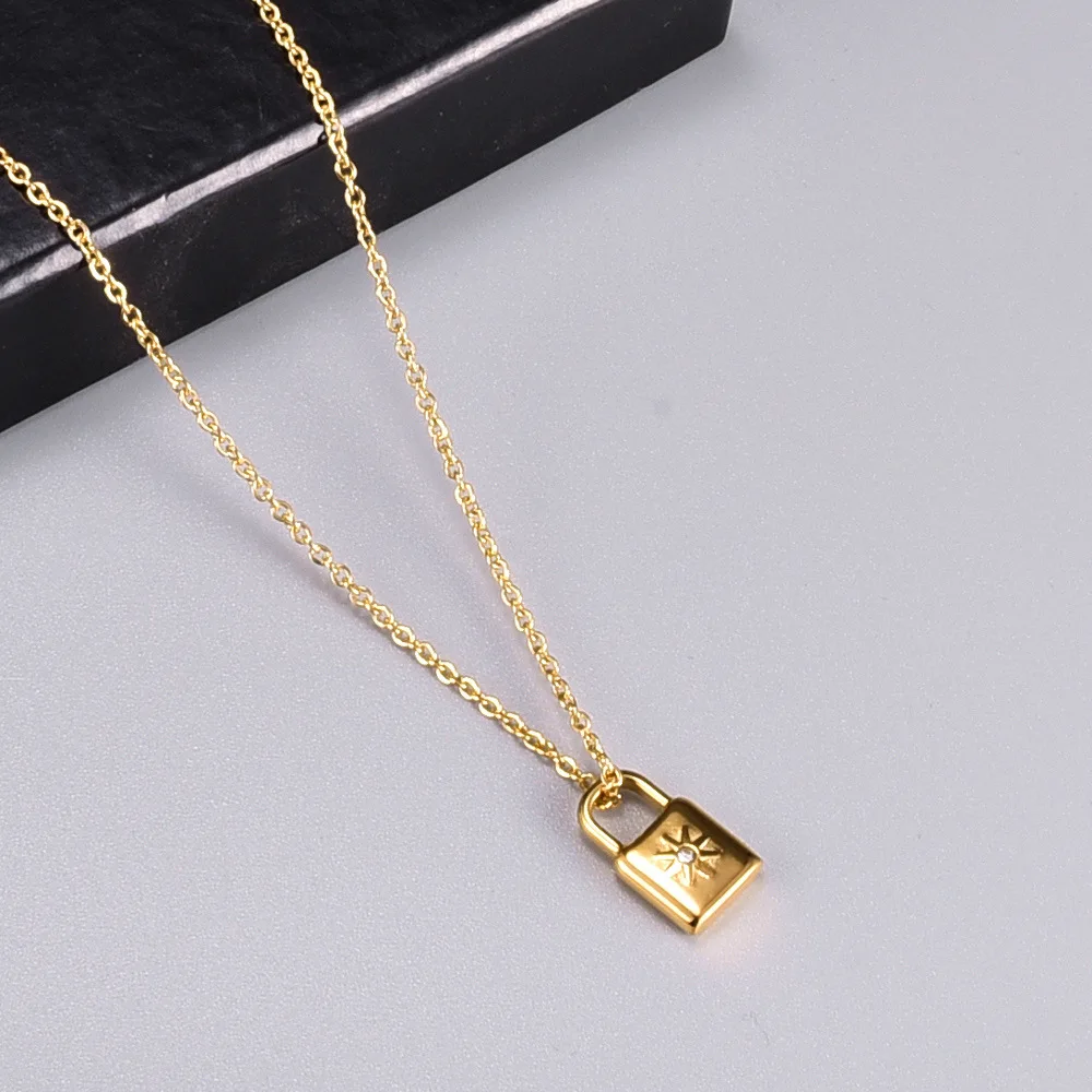 

Amazon Best Selling 316L Titanium Steel Padlock Pendant Necklaces 18K Gold Plating CZ Lock Necklaces For Women