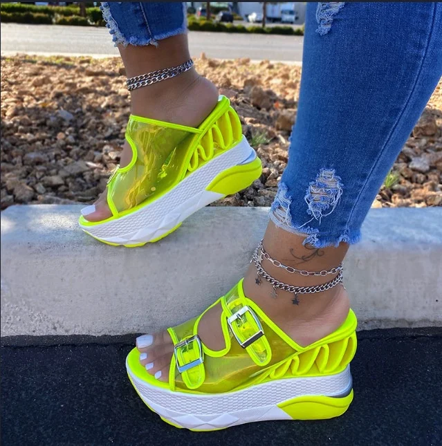 

Fashion Neon Green Increasing Wedges High Heels Jelly Clear PVC Hollow Out Platform Chunky Heel Pumps Sandals Plus Size Slippers, Neon green/ black/ pink