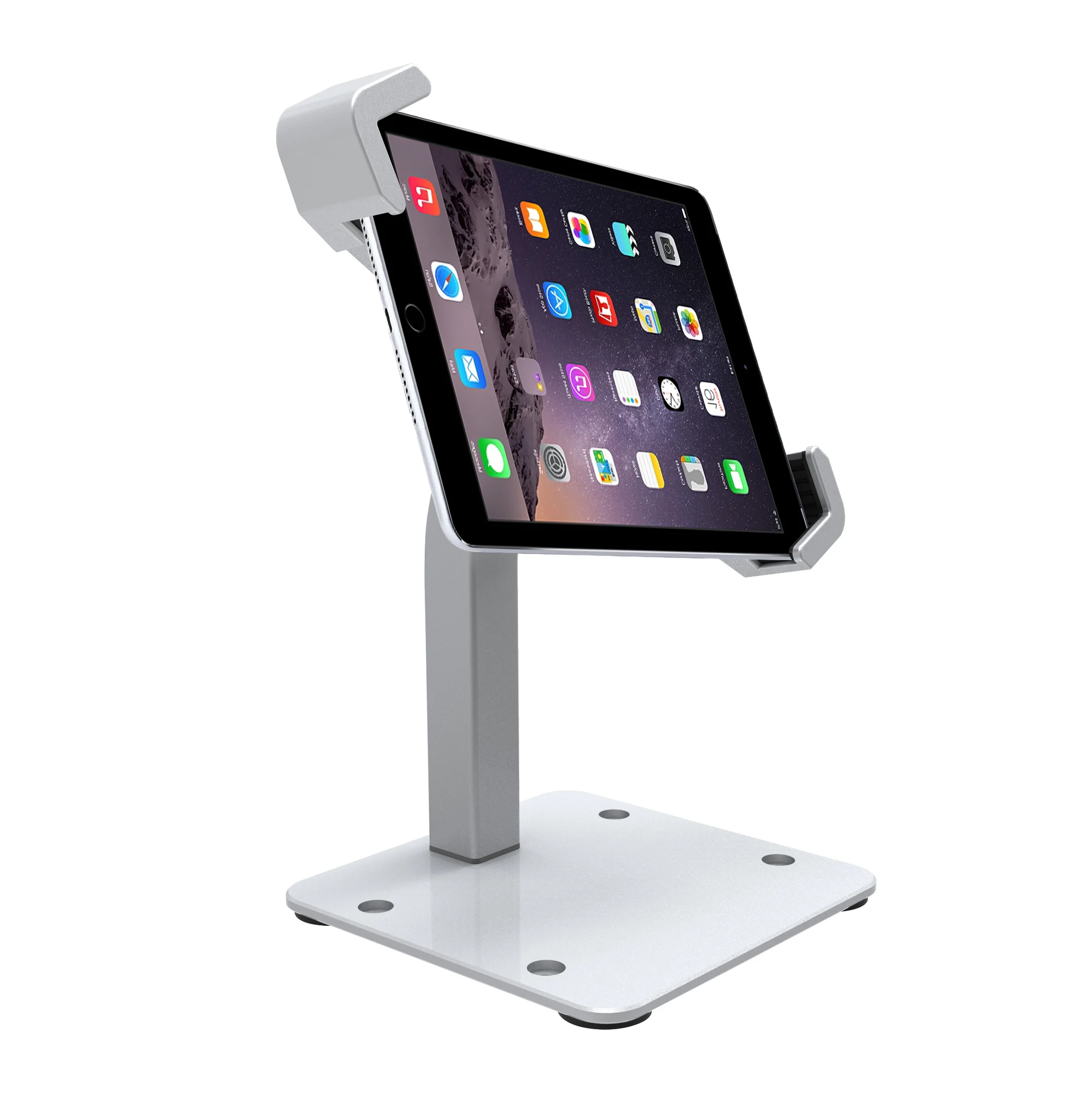 

Security universal rotating anti-theft vertical lockable security lock metal table display portable tablet holder stand for ipad, Silver