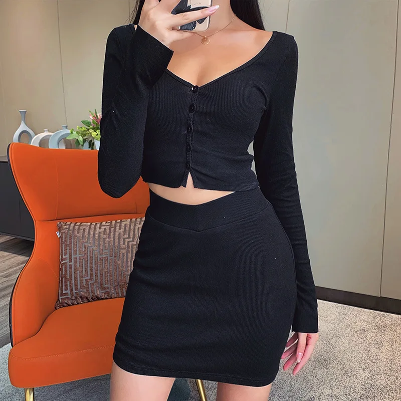 

S2833A Ribbed long sleeve tops and skirt suits 2020 women fall clothing