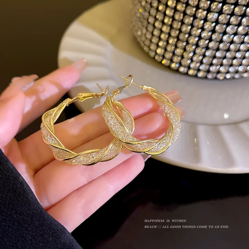 

Korean Fashion Jewelry Vintage Circle Retro Twisted Earrings Crystal Chunky Hoop Earrings For Women