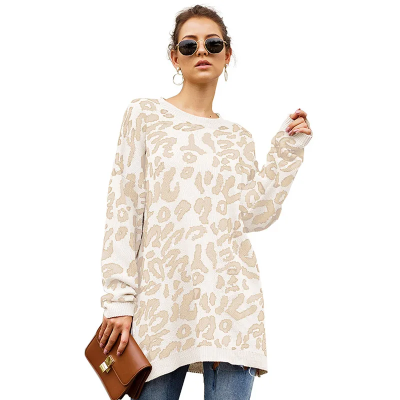 

Ladies Leopard Print Sweaters Pullover Oversized Jumper Long Sleeve Crew Neck Christmas Knitted Sweater Women, White, black, khaki, yellow, pink, army green, brown, red