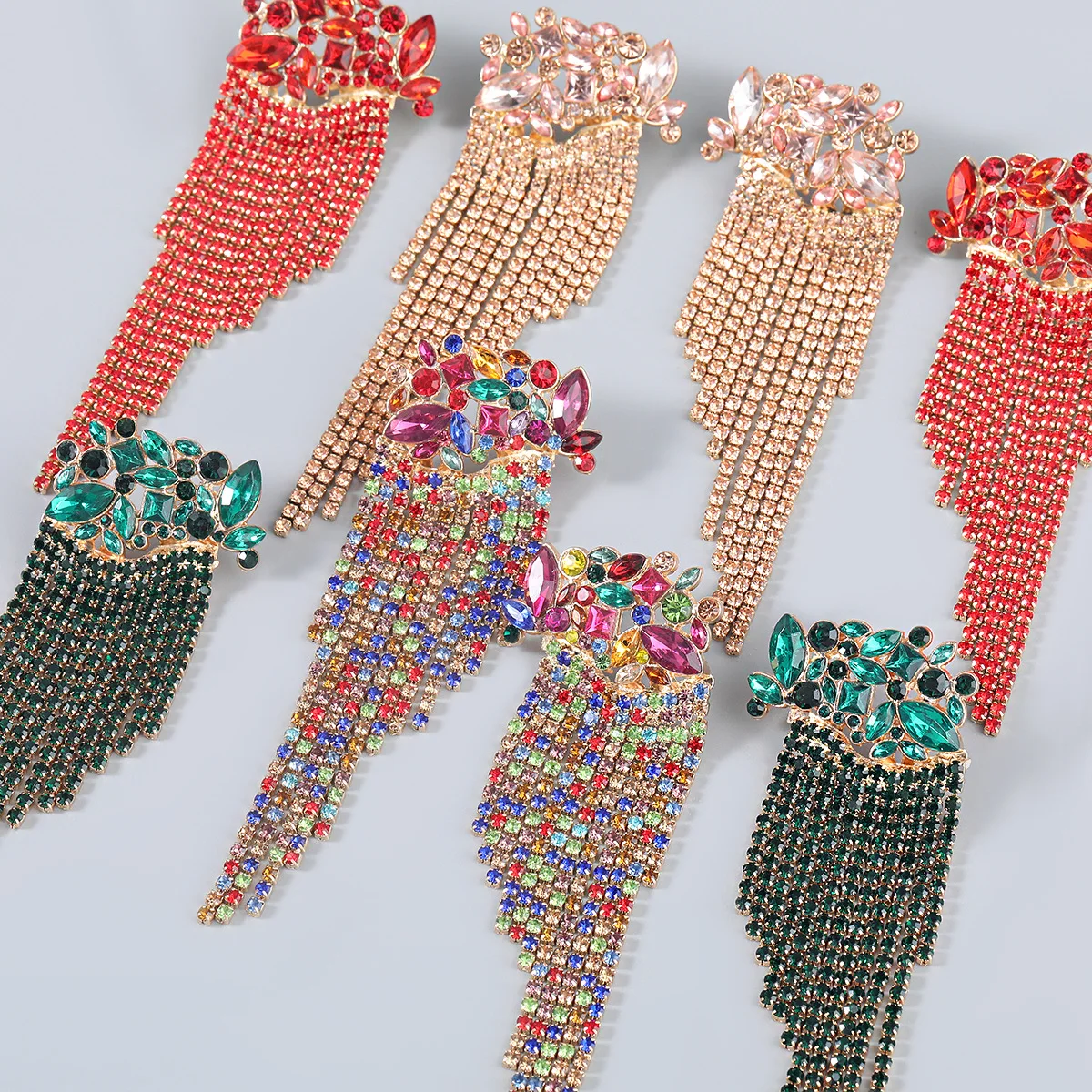 

2022 Black Red Green Color Bling Bling Rhinestone Crystal Geometric Tassel Stud Long Earrings For Women Party, As picture