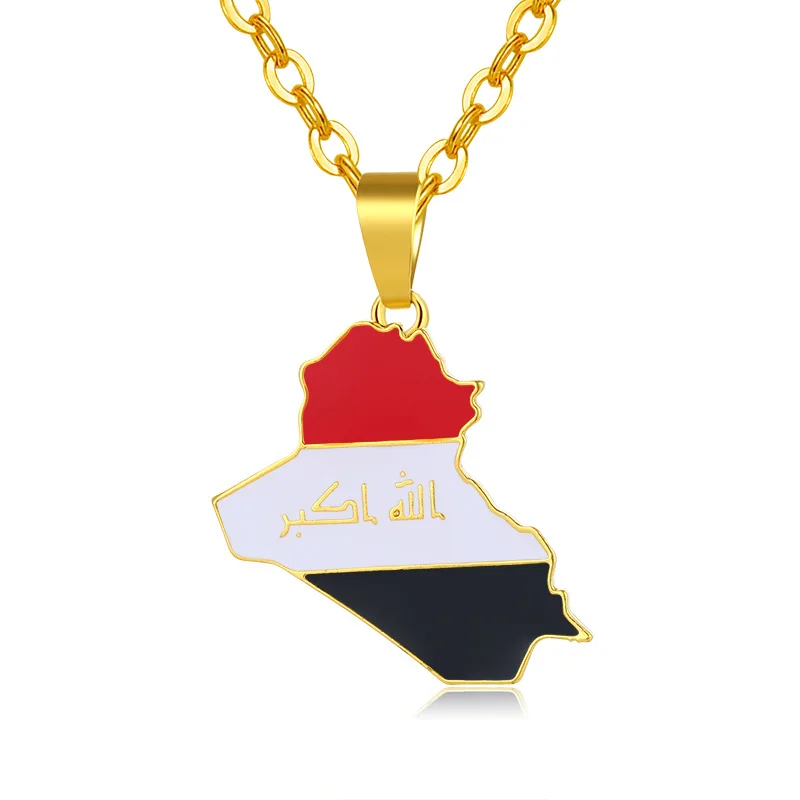 

2021 Hot Selling Gold Plated Stainless Steel Map Necklace Colorful Oil Dropping Iraq Pendant Necklace For Couple, Picture color