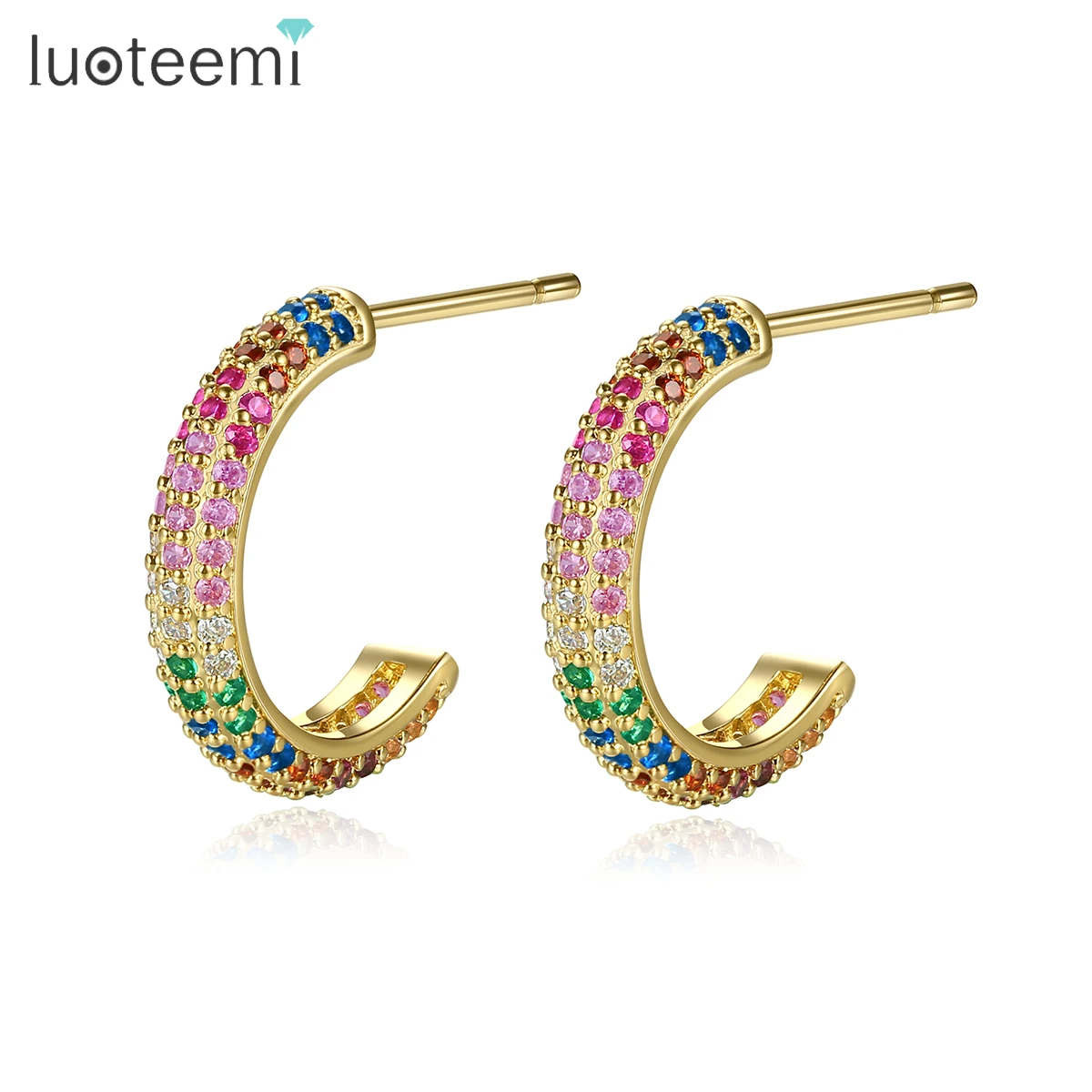 LUOTEEMI Vintage Rainbow Cubic Zirconia Charm Autumn Popular Colorful Chunky Gold Plated 18K Crystal Hoop Creative Colourful Ear