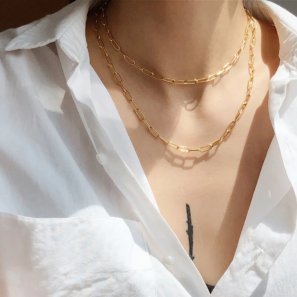 

Fashion Waterproof Jewelry Stainless Steel Paper Clip Link Chain Necklace 18K Gold Plated Punk Chains Choker Necklace YF2449