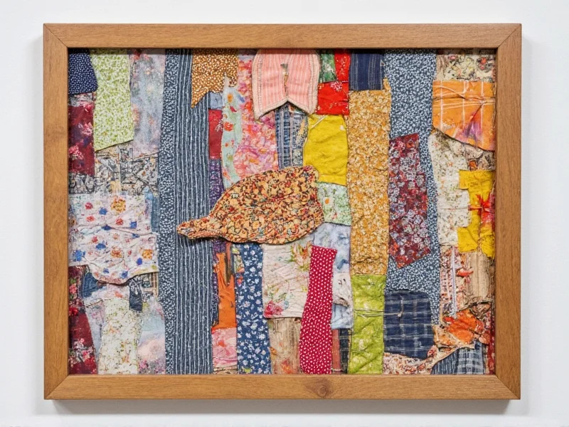 Handmade textile art from fabric scraps on wooden frame