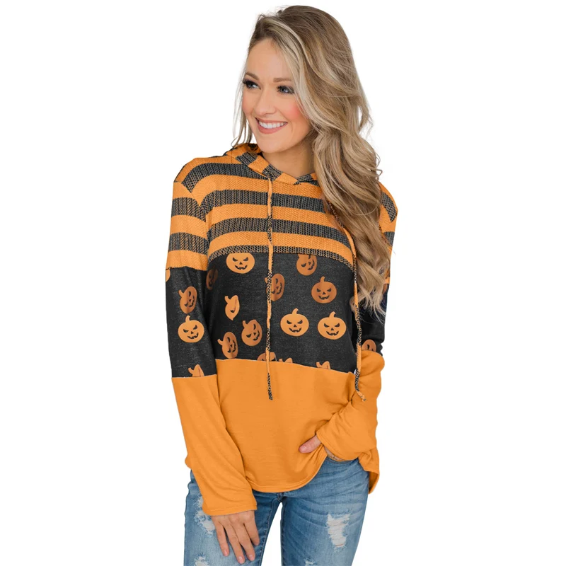 

Women Stripes And Halloween Pumpkin Print Hoodie Sweatshirt, Customized