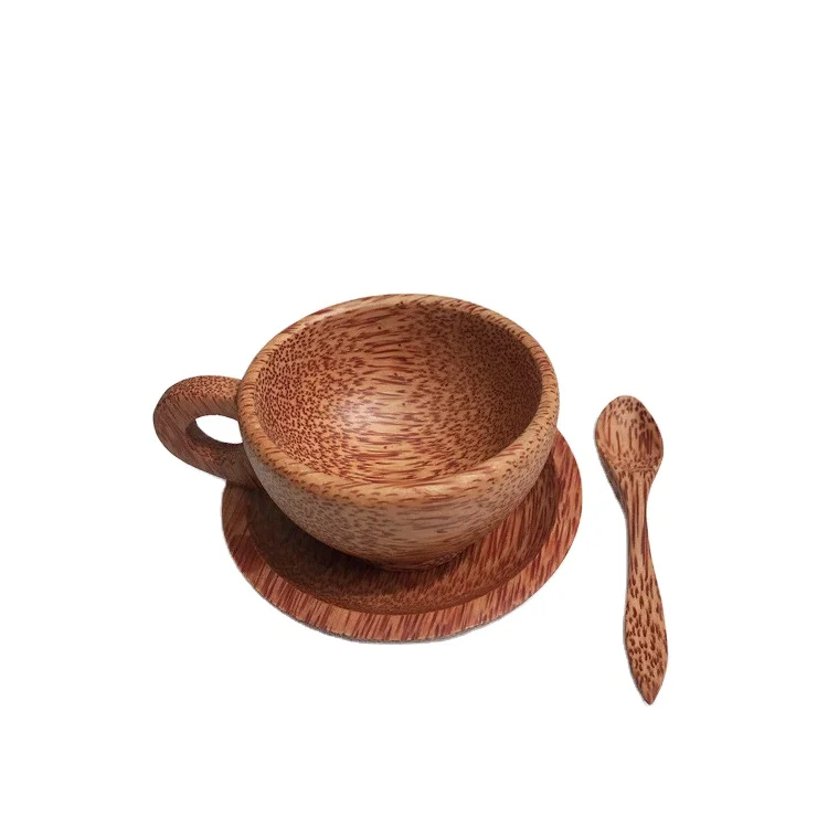 

High Quality Elegant Reusable Natural Eco Friendly Handmade Wood Mug Coconut Wooden Tea Coffee Cup and Saucer Spoon Set