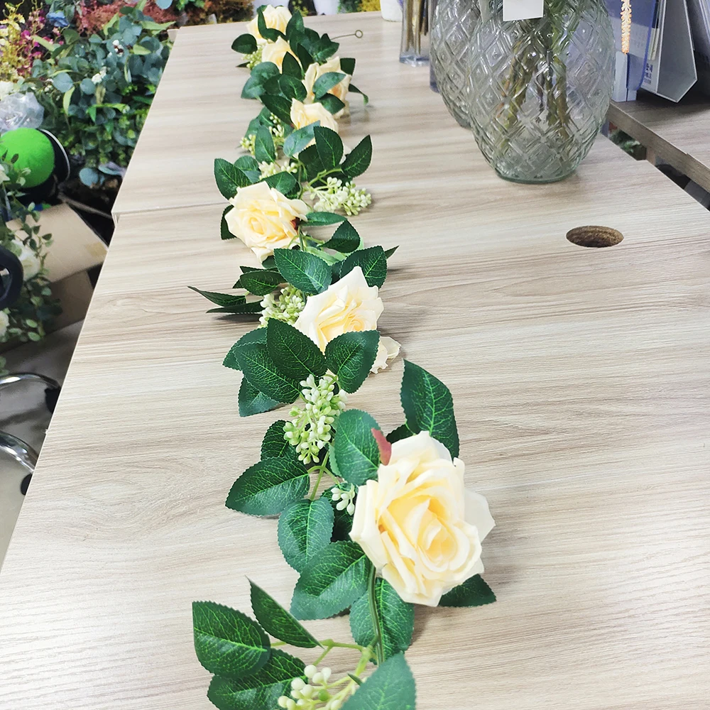 

New Artificial Champagne Rose Silk Flower Rose Leaves Garland Hanging Garland for Wedding Home Outdoor Flower Garden Wall Decor, Green white or customized