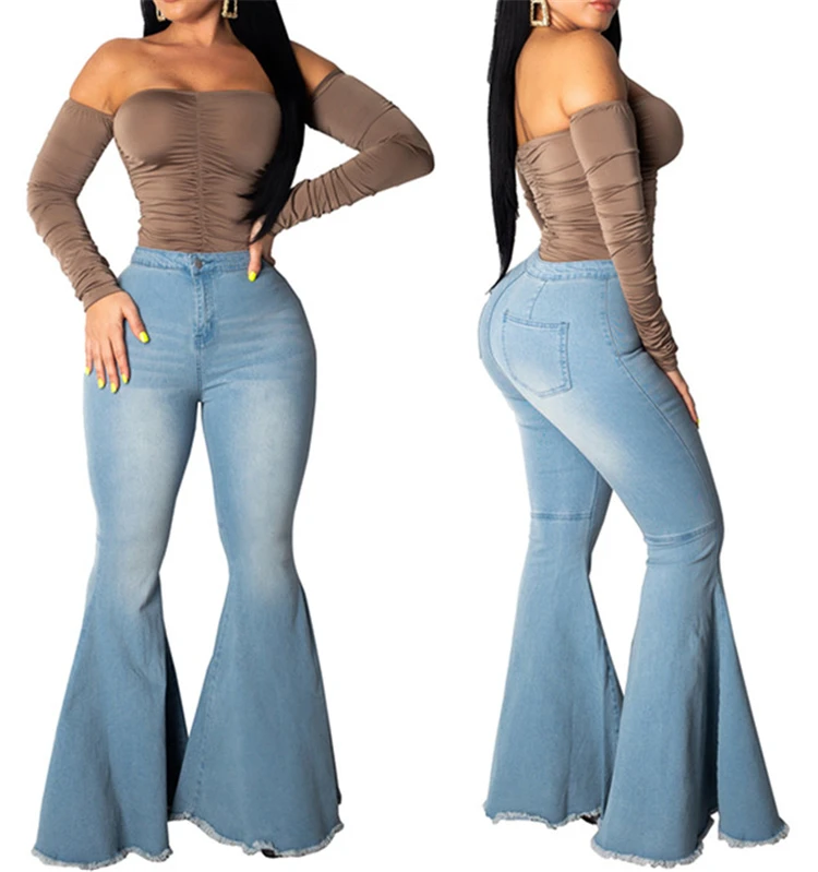 

Factory Wholesale jeans trousers for ladies plus size flare leg stretch jeans HF_2033