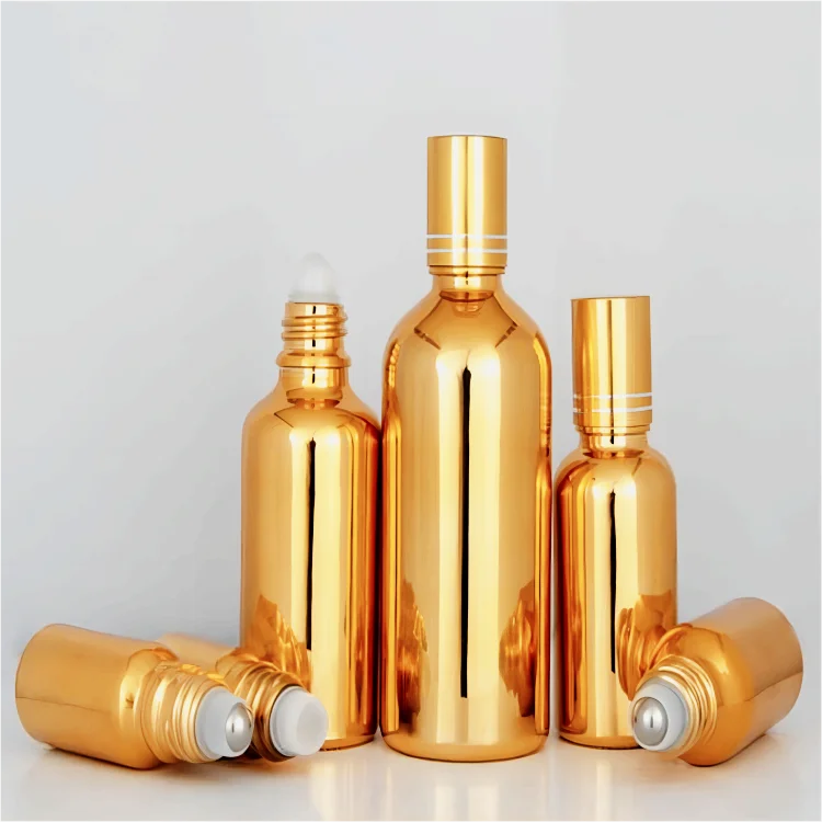 

Luxury electroplated golden essential oil roll on glass bottle 5ml 10ml 15ml 20ml 30ml 50ml 100ml cosmetics glass bottle