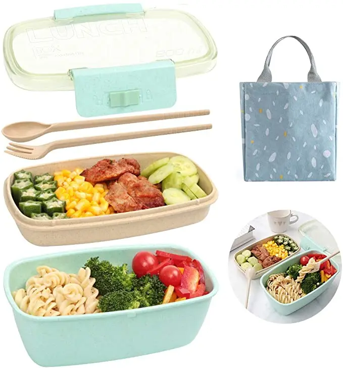 

Double Tiers Wheat Straw Biodegradable Lunchbox Reusable Plastic Lunch Box, Green/pink/beige/custom color
